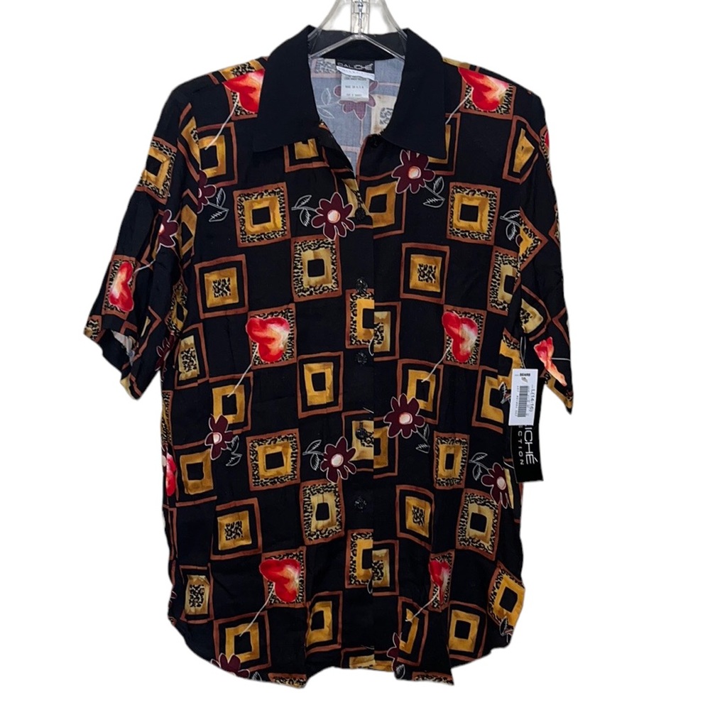 Vintage 80s CALICHE Button Front Print Top/Blouse~L